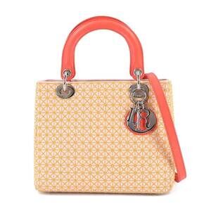 Christian Dior Lady Medium 2-Way Handbag, Leather, Embroidered, Pink/Orange